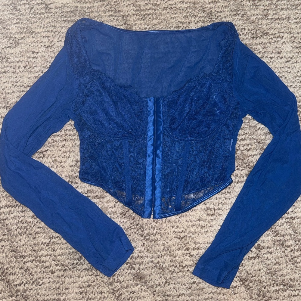 SHEIN Royal Blue Lace Long Sleeve Blouse